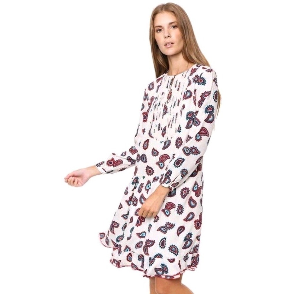 Tommy Hilfiger Paisley Pintuck Long Sleeve Drop Waist Boho Midi Dress Sz 6 Lace